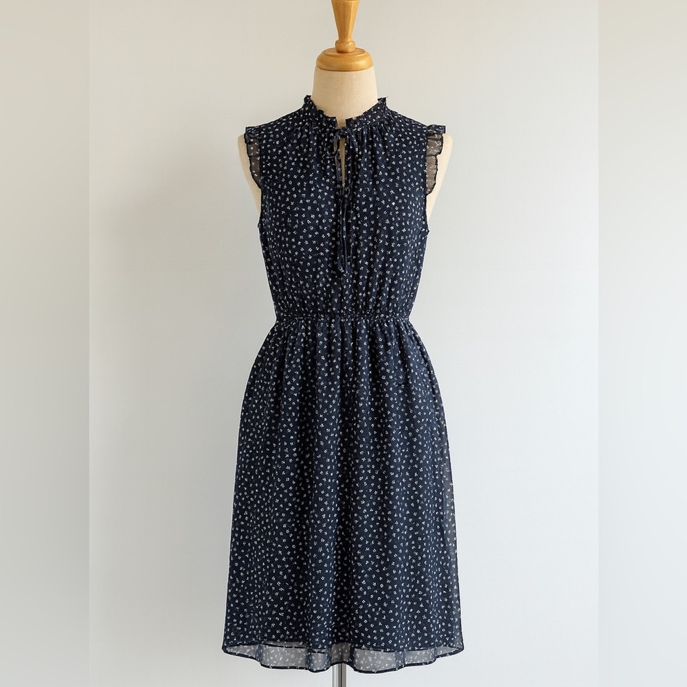 Zara Trafaluc Navy Star Tie Neck Sleeveless Sheer Back Ruffle Dress Size S